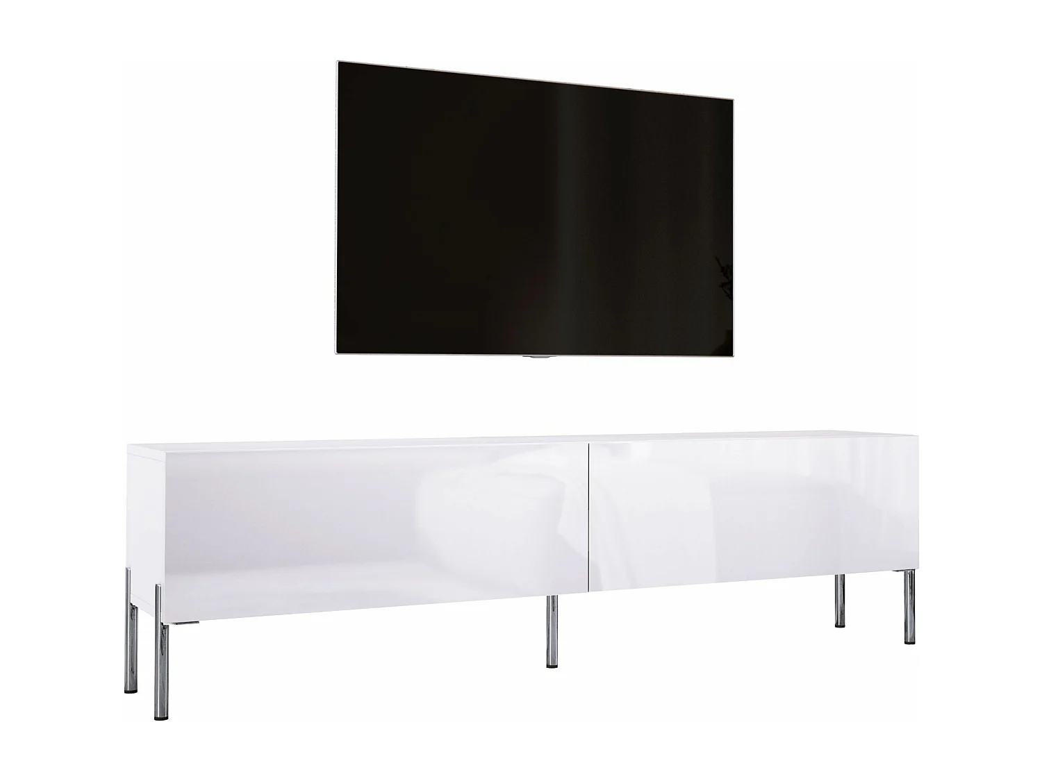 Meuble TV : Blanc Mat / Blanc Brillant, pieds Chrome, 170 x 52 x 32 cm