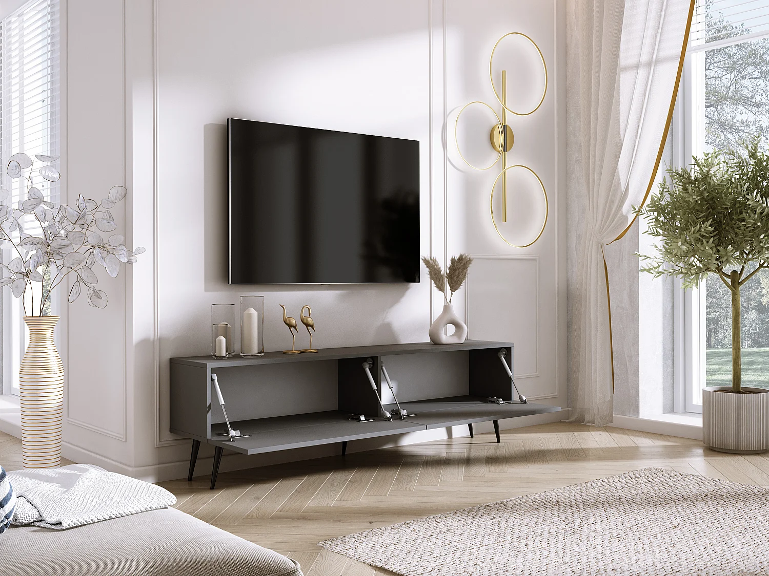 TV-Schrank: Anthrazit, schwarze Beine, 170 x 52 x 32 cm