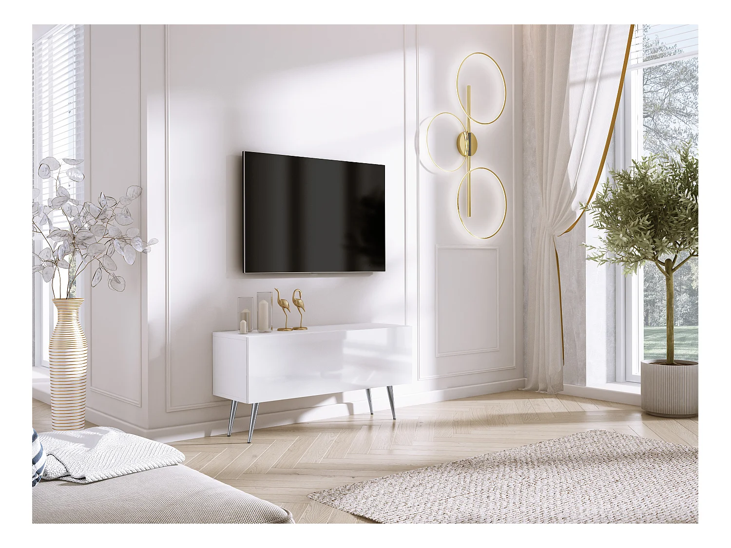 Meuble TV, Blanc Mat / Blanc Brillant, pieds Chrome, 100 x 52 x 32 cm