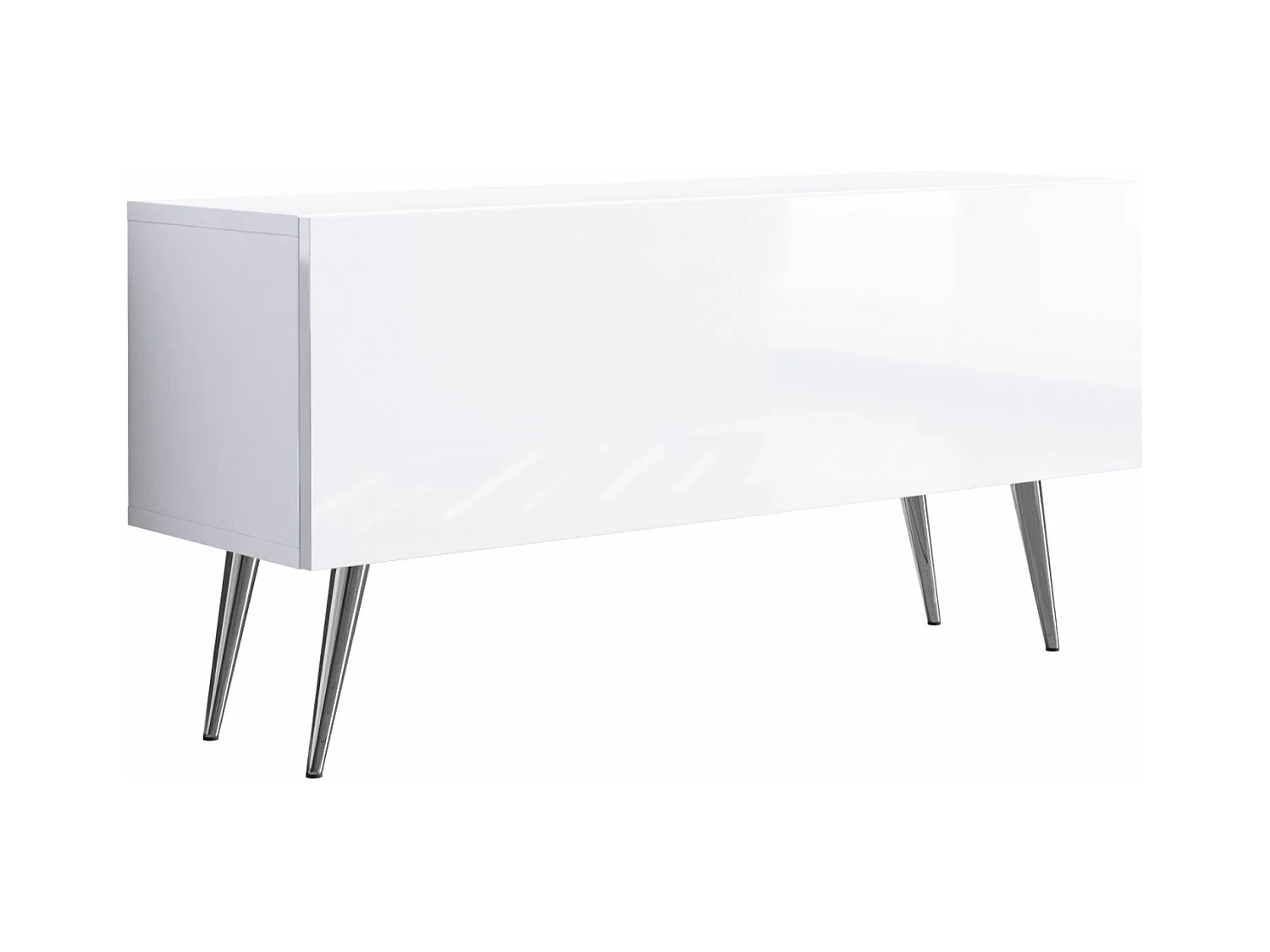 Meuble TV, Blanc Mat / Blanc Brillant, pieds Chrome, 100 x 52 x 32 cm