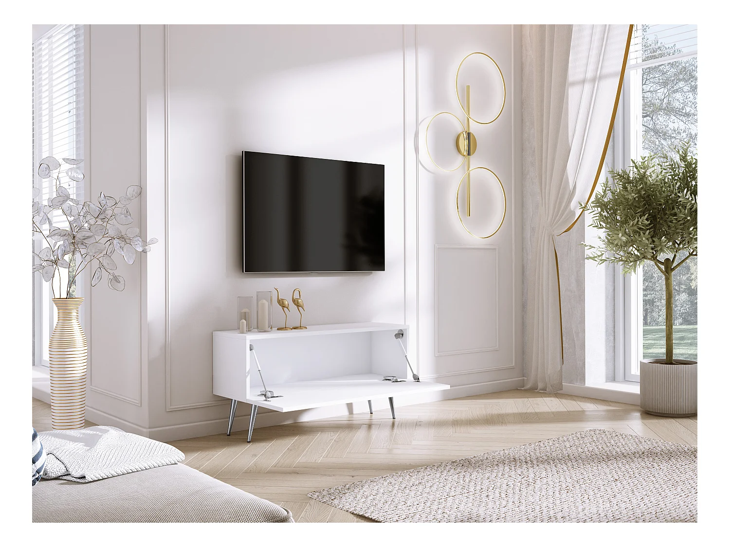 Meuble TV, Blanc Mat / Blanc Brillant, pieds Chrome, 100 x 52 x 32 cm