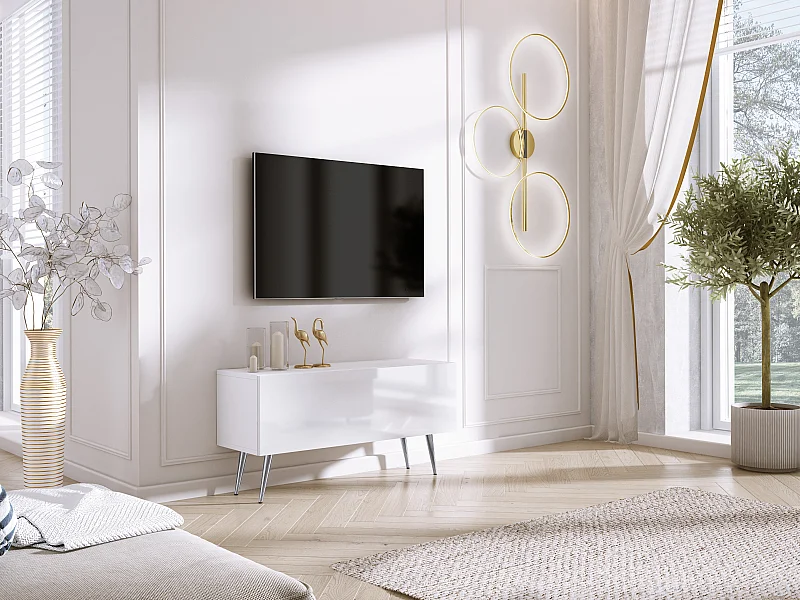 TV-Schrank, Mattweiß / Hochglanzweiß, Chrombeine, 100 x 52 x 32 cm