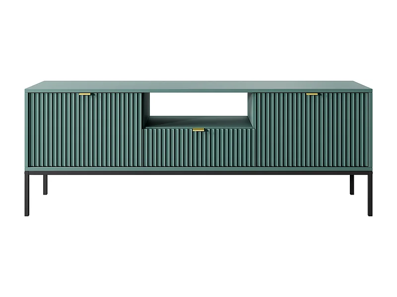 Meuble TV : 1 tiroir, 2 portes, labrador, Noir, 154 x 56 x 39 cm, poignées dorées