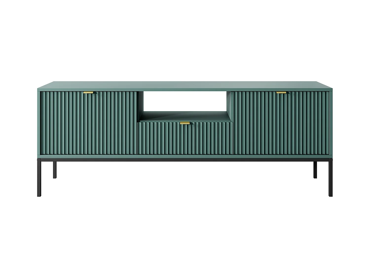 Mueble TV: 1 cajón, 2 puertas, labrador, Negro, 154 x 56 x 39 cm, tiradores dorados