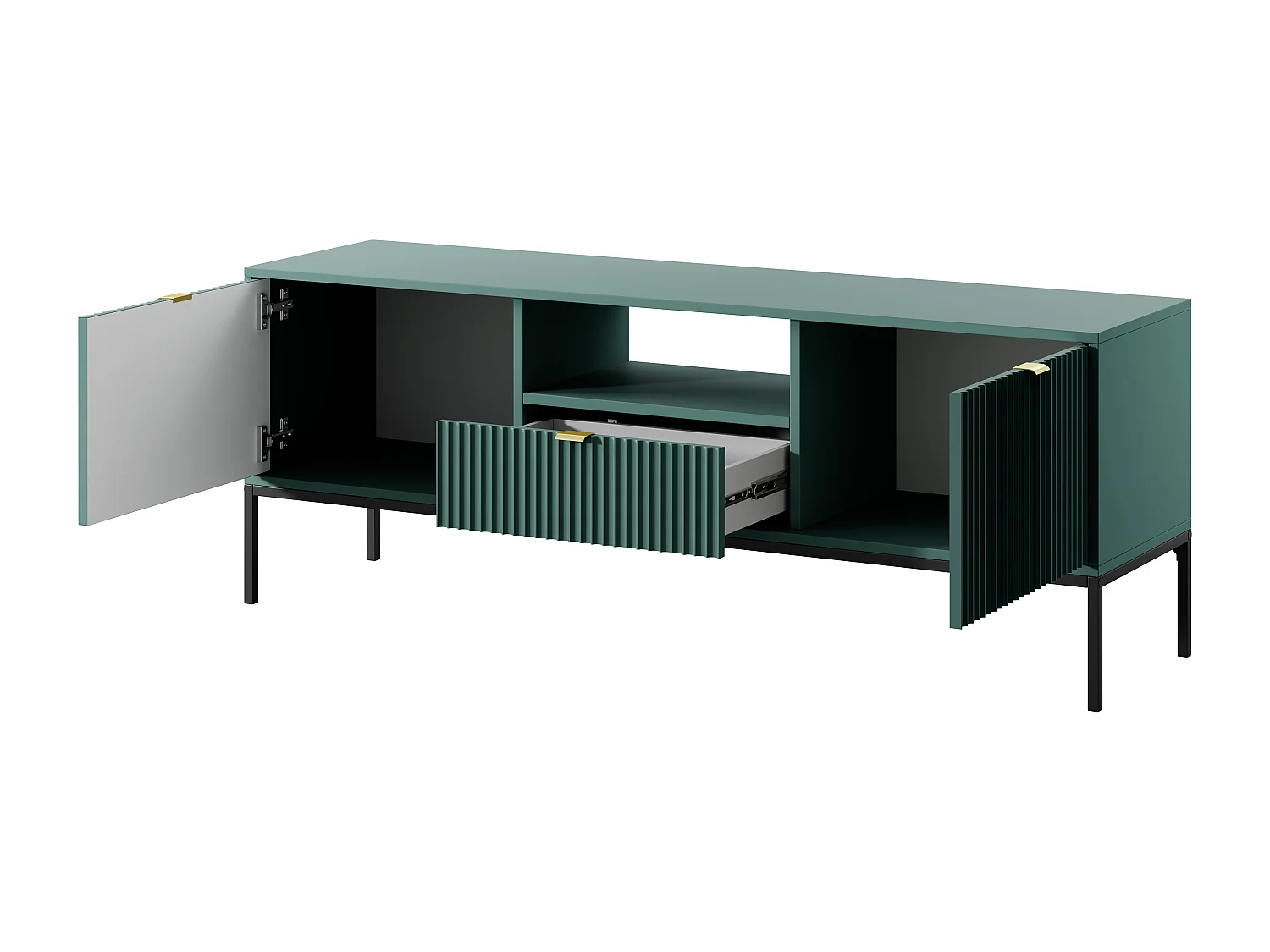 Meuble TV : 1 tiroir, 2 portes, labrador, Noir, 154 x 56 x 39 cm, poignées dorées