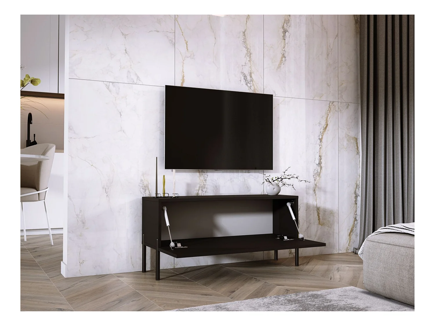 Meuble TV, Noir Mat / Noir Brillant, pieds noires, 100 x 52 x 32 cm