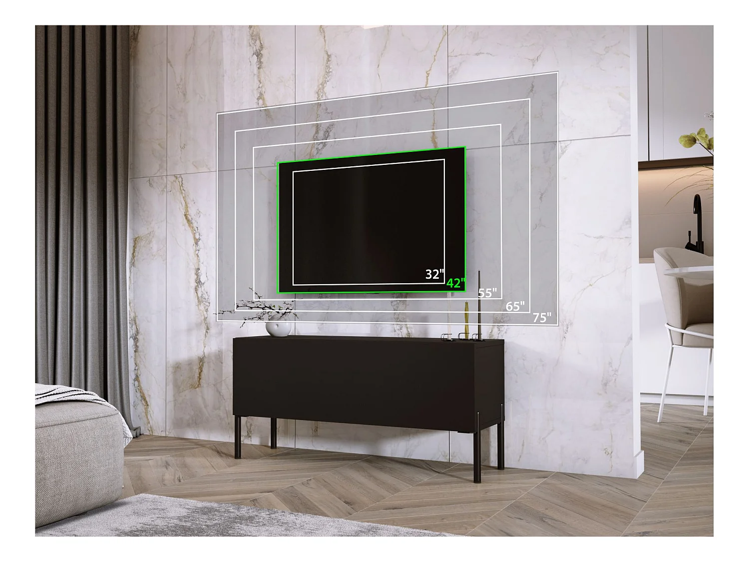 Meuble TV, Noir Mat / Noir Brillant, pieds noires, 100 x 52 x 32 cm