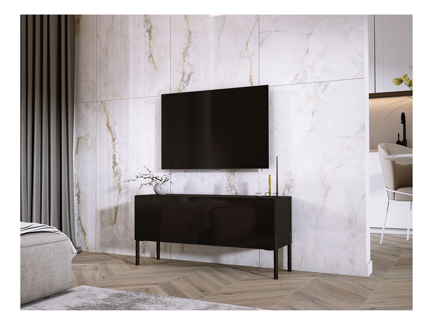 Meuble TV, Noir Mat / Noir Brillant, pieds noires, 100 x 52 x 32 cm