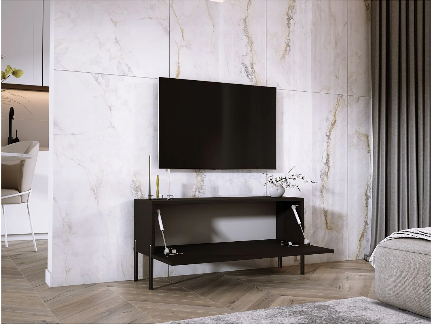 Meuble TV, Noir Mat / Noir Brillant, pieds noires, 100 x 52 x 32 cm