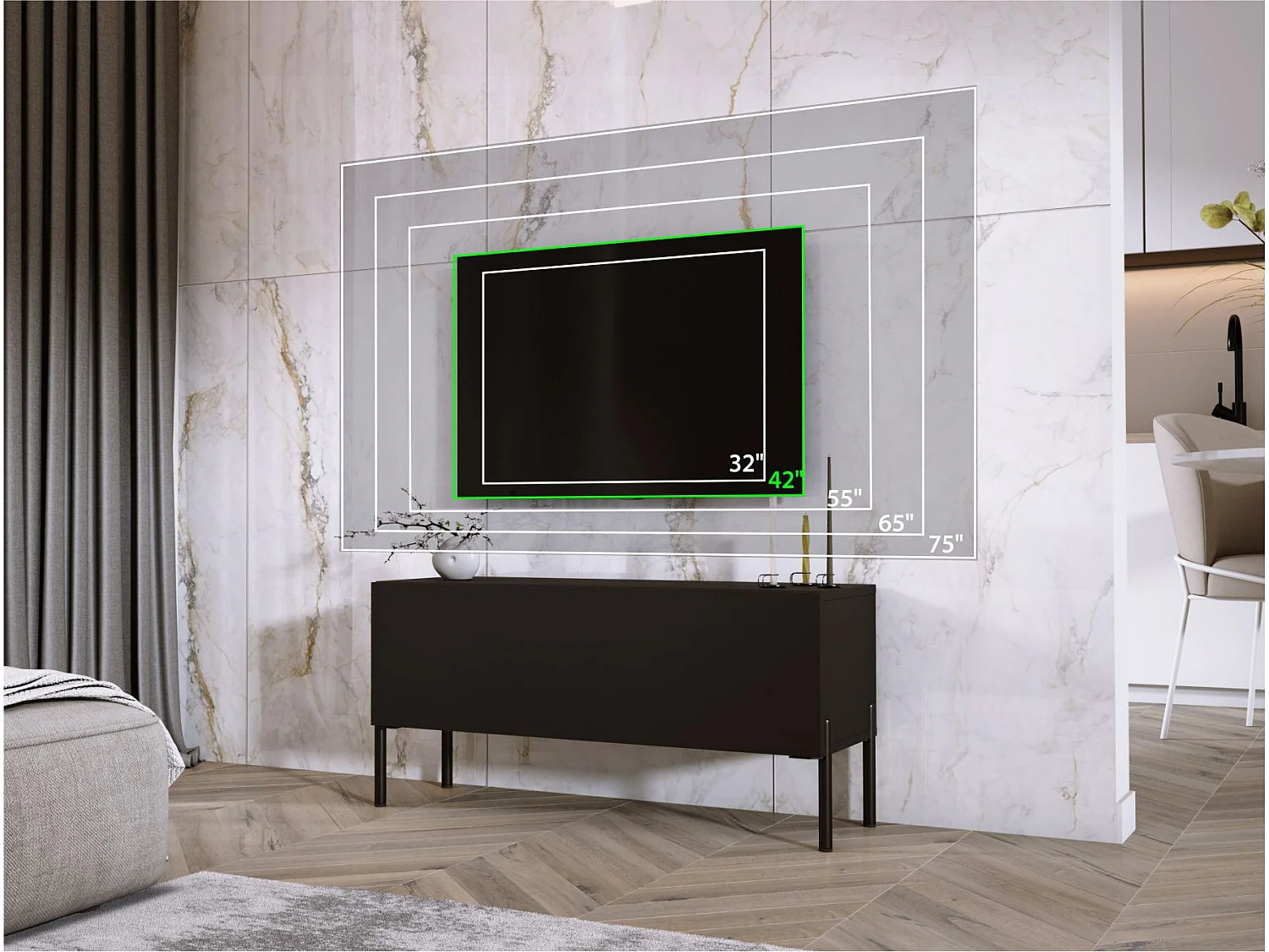 Meuble TV, Noir Mat / Noir Brillant, pieds noires, 100 x 52 x 32 cm