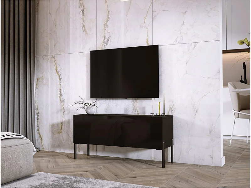 Meuble TV, Noir Mat / Noir Brillant, pieds noires, 100 x 52 x 32 cm
