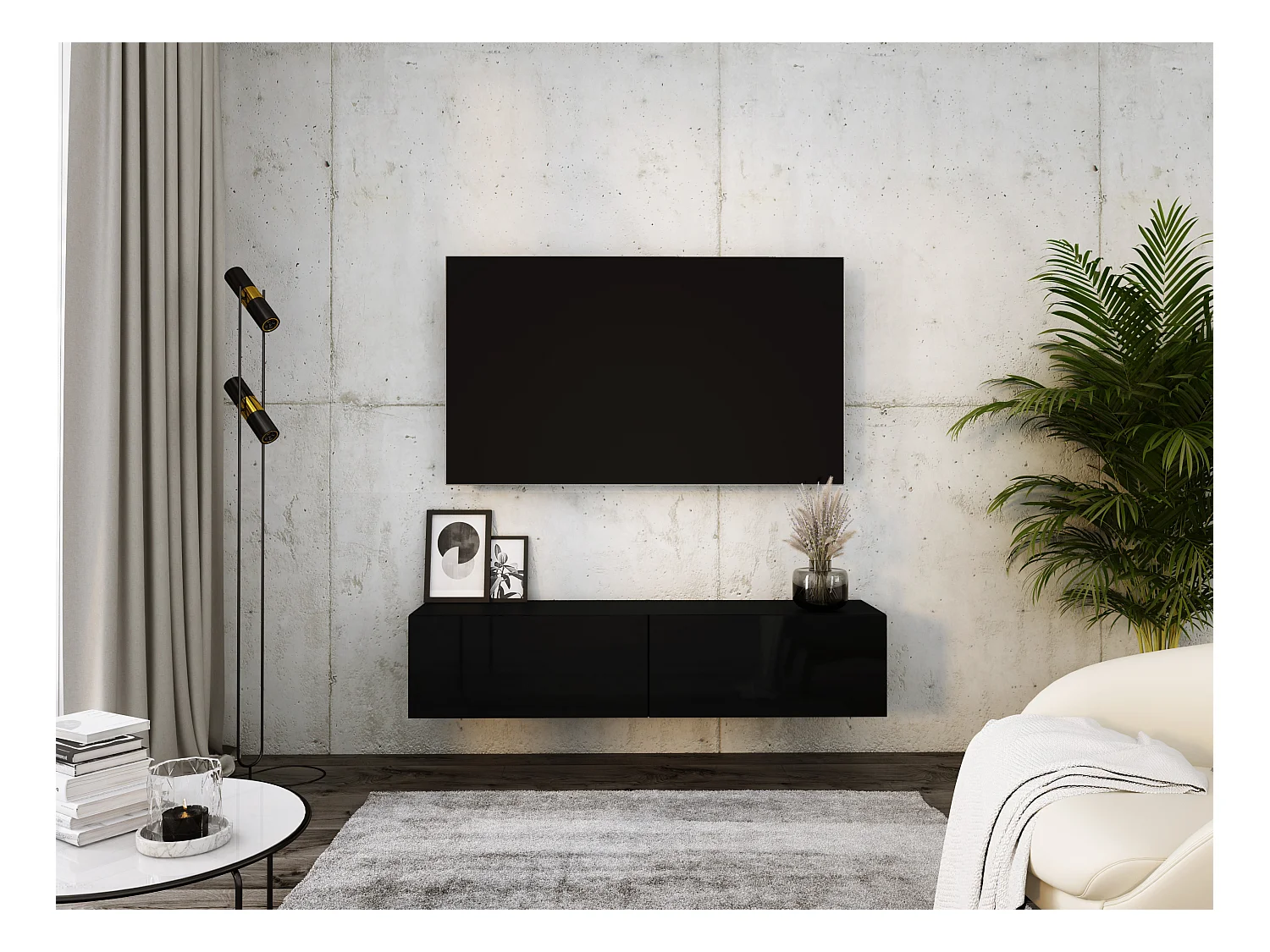 Meuble TV Suspendu, 140 x 34 x 32 cm, Noir / Noir Brillant