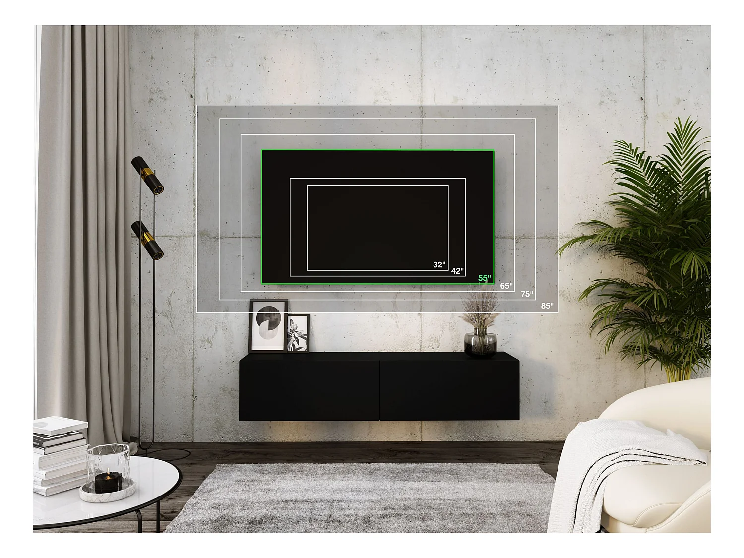 Meuble TV Suspendu, 140 x 34 x 32 cm, Noir / Noir Brillant
