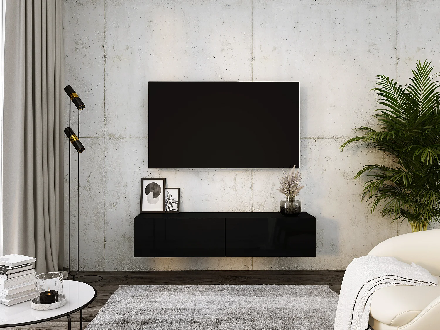 Meuble TV Suspendu, 140 x 34 x 32 cm, Noir / Noir Brillant