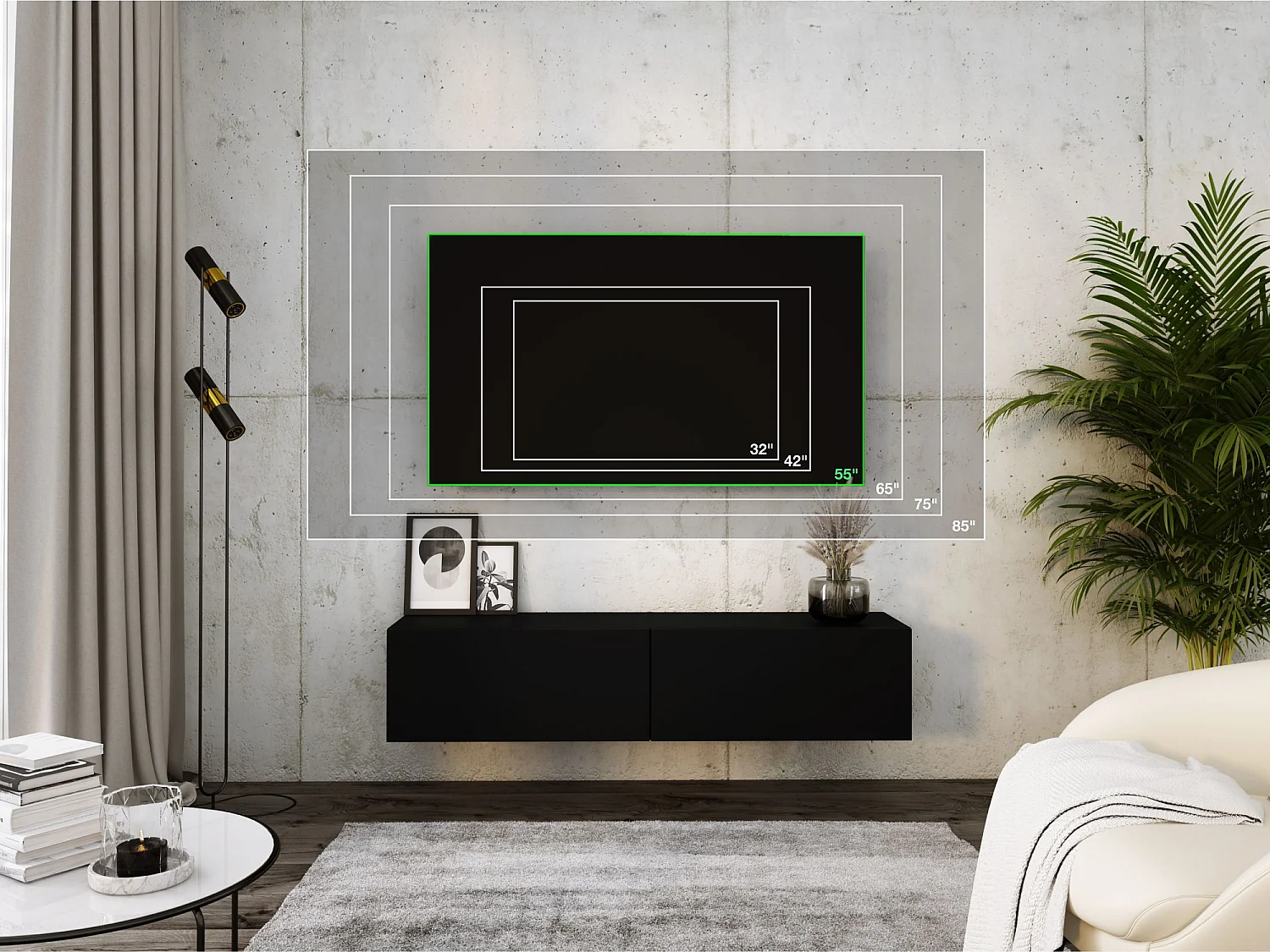 Meuble TV Suspendu, 140 x 34 x 32 cm, Noir / Noir Brillant