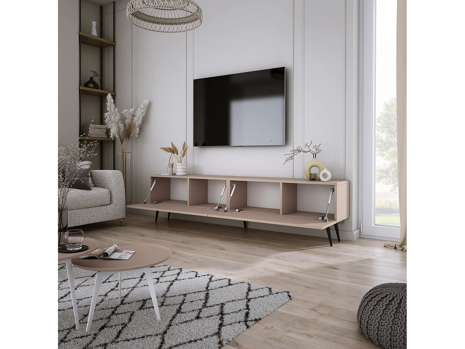 Mueble TV: Marrón caramelo, 170 x 52 x 32 cm, patas negras