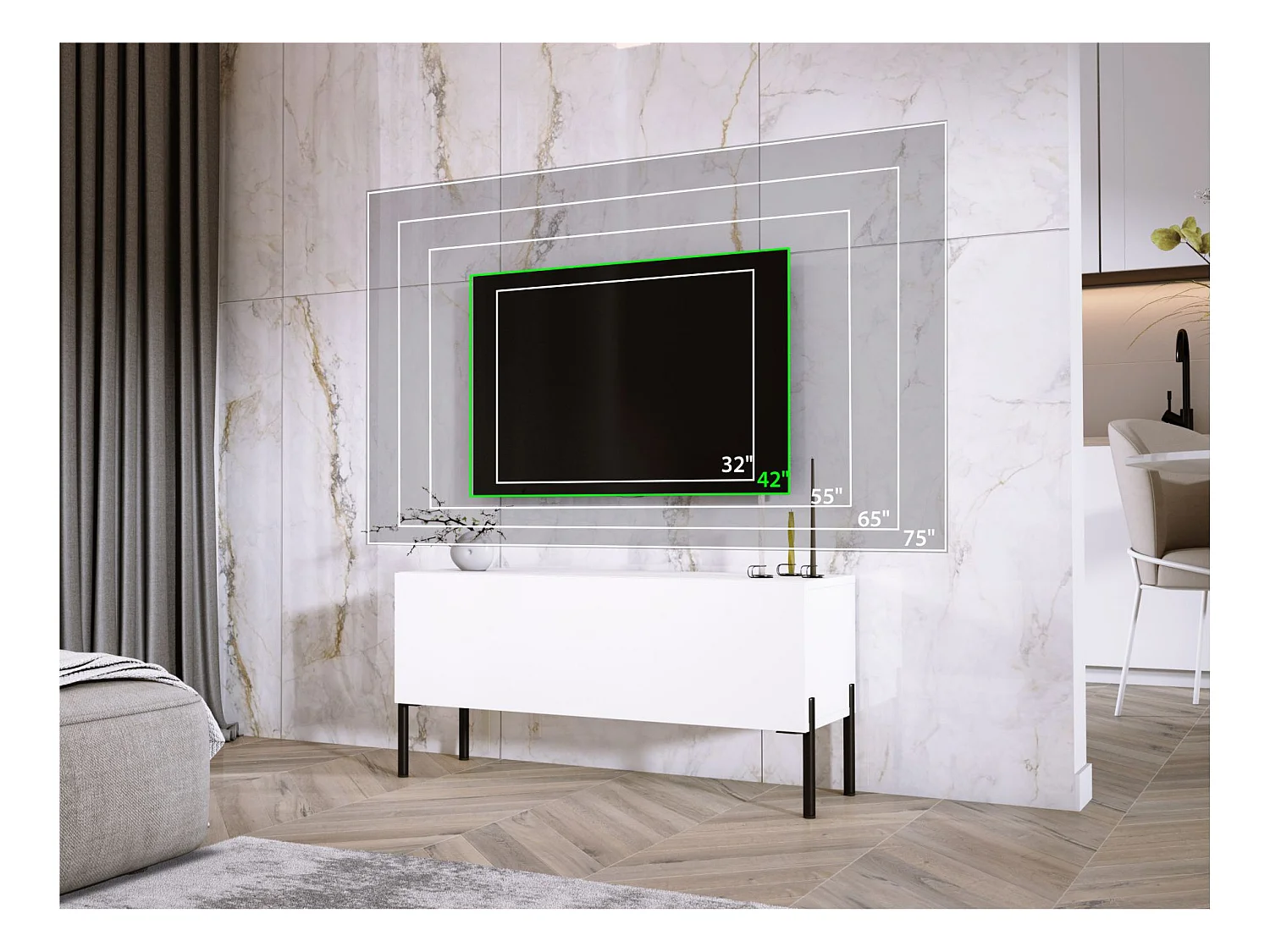 Meuble TV, Blanc Mat, pieds noires, 100 x 52 x 32 cm