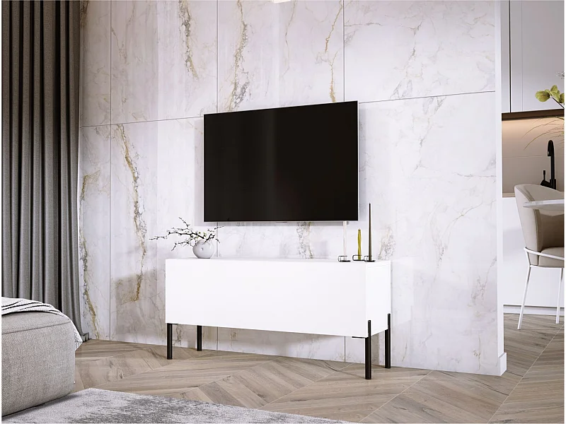 Meuble TV, Blanc Mat, pieds noires, 100 x 52 x 32 cm