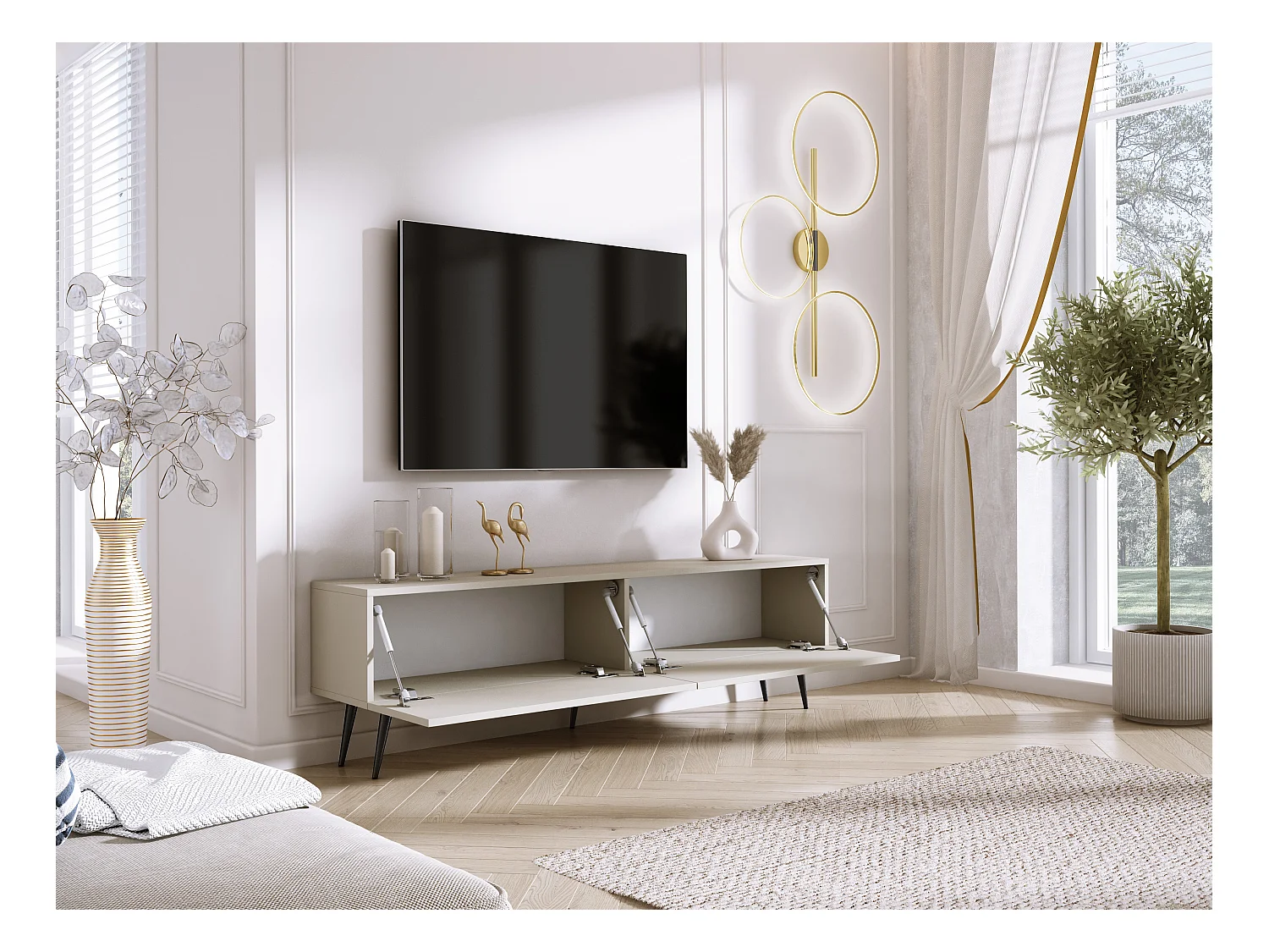 Meuble TV : Cachemire, pieds noires, 170 x 52 x 32 cm