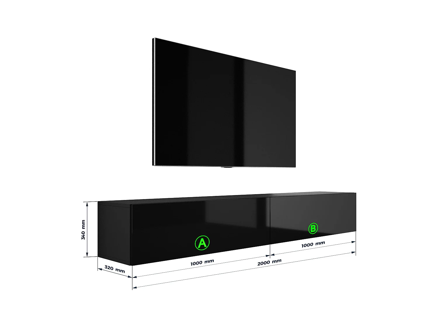 Meuble TV Suspendu, (2 x 100) x 34 x 32 cm, Noir Mat / Noir Brillant