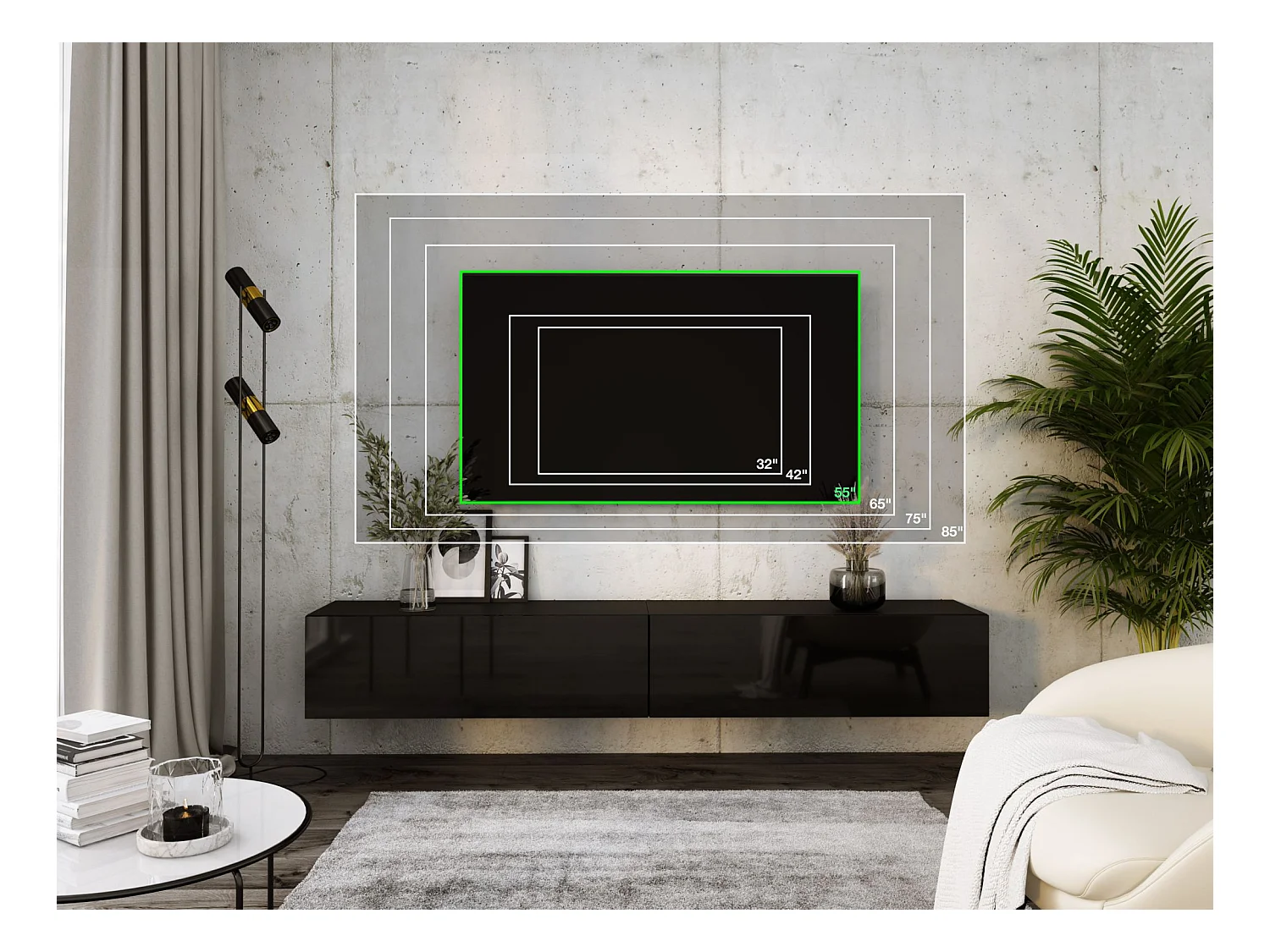 Meuble TV Suspendu, (2 x 100) x 34 x 32 cm, Noir Mat / Noir Brillant