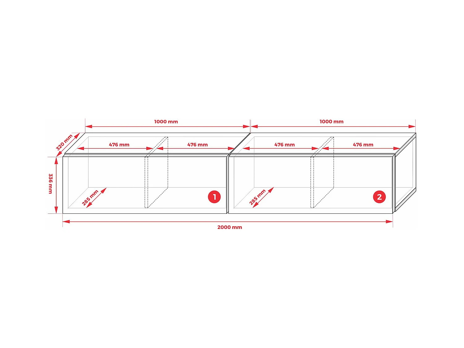 Meuble TV Suspendu, (2 x 100) x 34 x 32 cm, Noir Mat / Noir Brillant