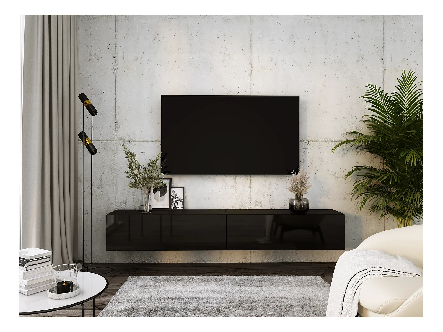 Meuble TV Suspendu, (2 x 100) x 34 x 32 cm, Noir Mat / Noir Brillant