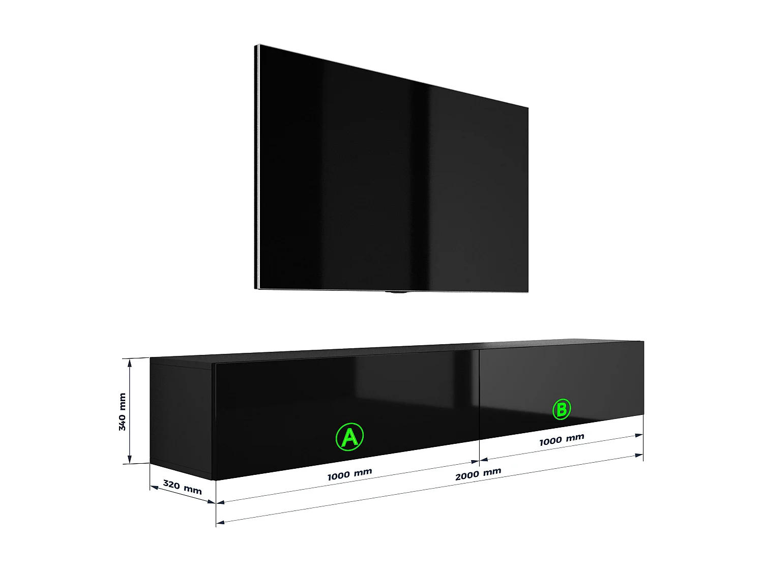 Meuble TV Suspendu, (2 x 100) x 34 x 32 cm, Noir Mat / Noir Brillant