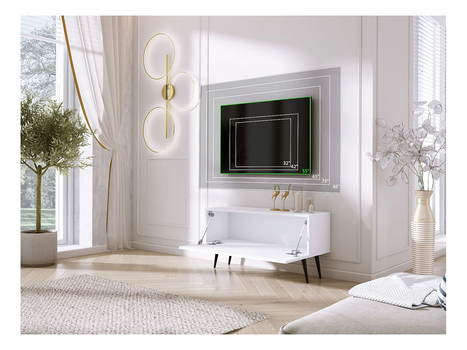 Meuble TV, Blanc Mat, pieds noires, 100 x 52 x 32 cm