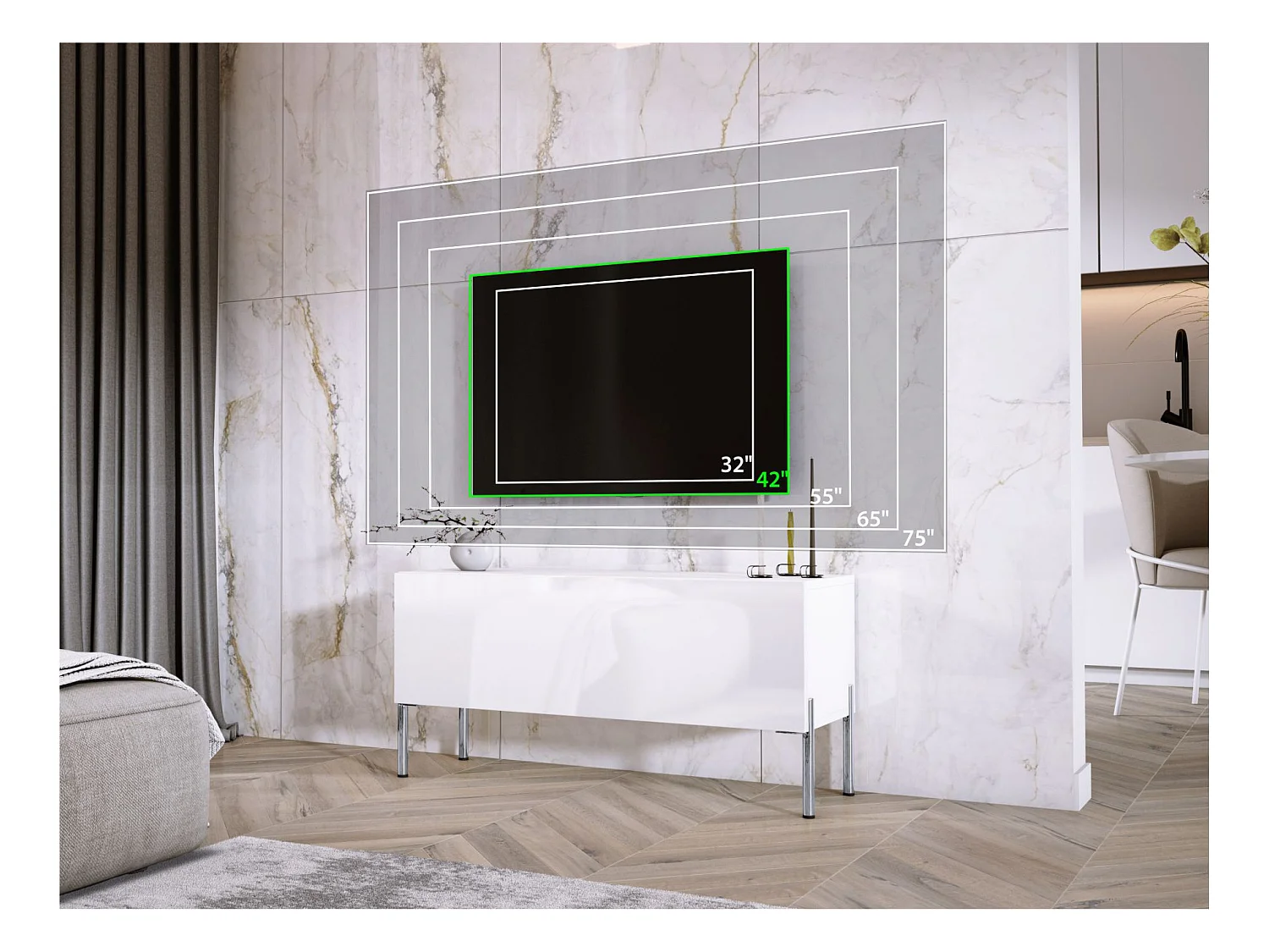 Mueble TV, Blanco Mate, Patas Cromadas, 100 x 52 x 32 Cm