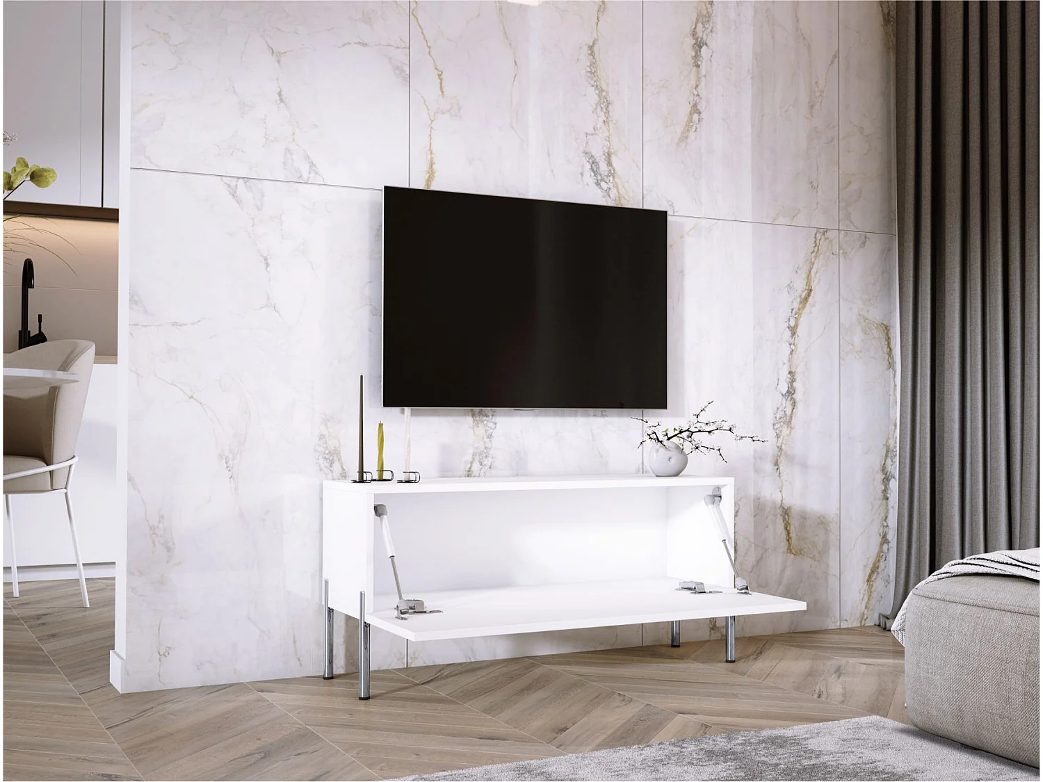 Meuble TV, Blanc Mat, pieds Chrome, 100 x 52 x 32 Cm