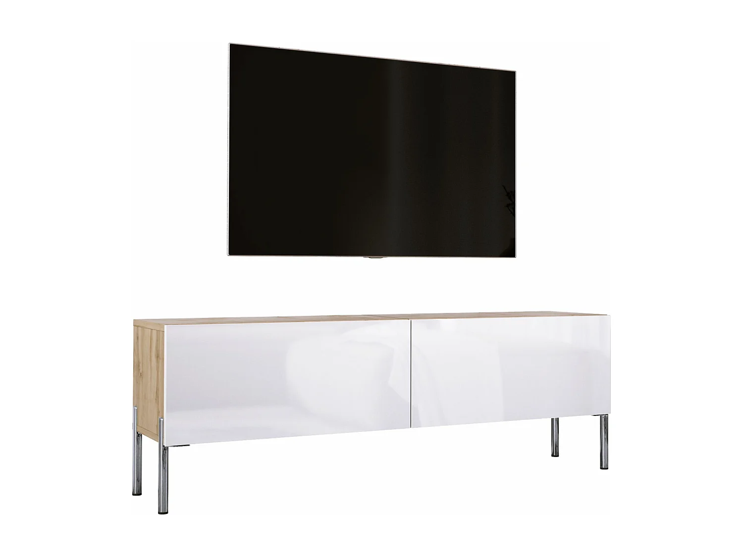 Mueble TV: Roble Wotan / Blanco Brillo, Patas Cromadas, 140 x 52 x 32 cm