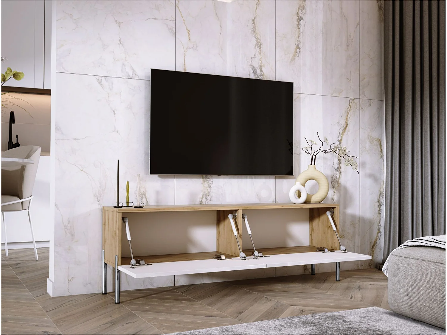 Mueble TV: Roble Wotan / Blanco Brillo, Patas Cromadas, 140 x 52 x 32 cm