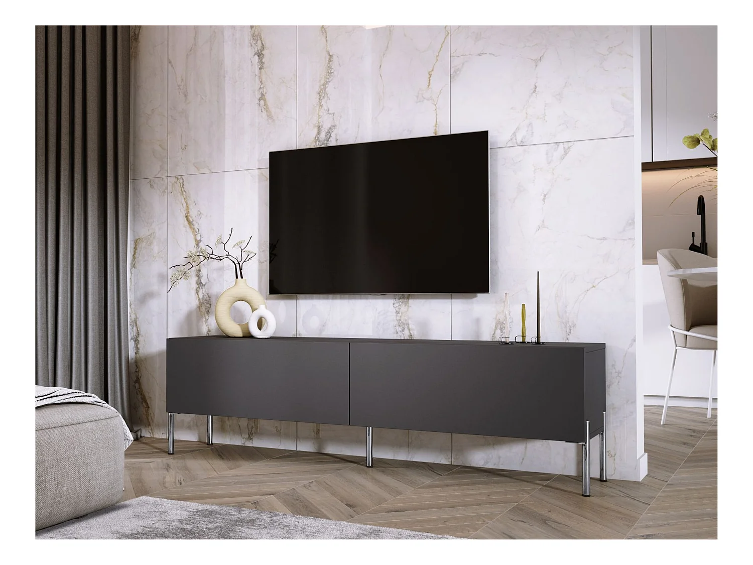 TV-Schrank: Anthrazit, Chrombeine, 170 x 52 x 32 cm