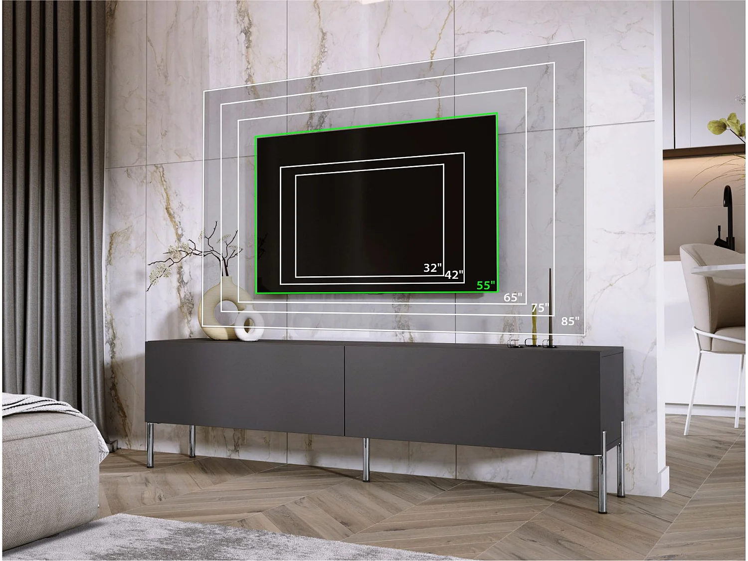 TV-Schrank: Anthrazit, Chrombeine, 170 x 52 x 32 cm