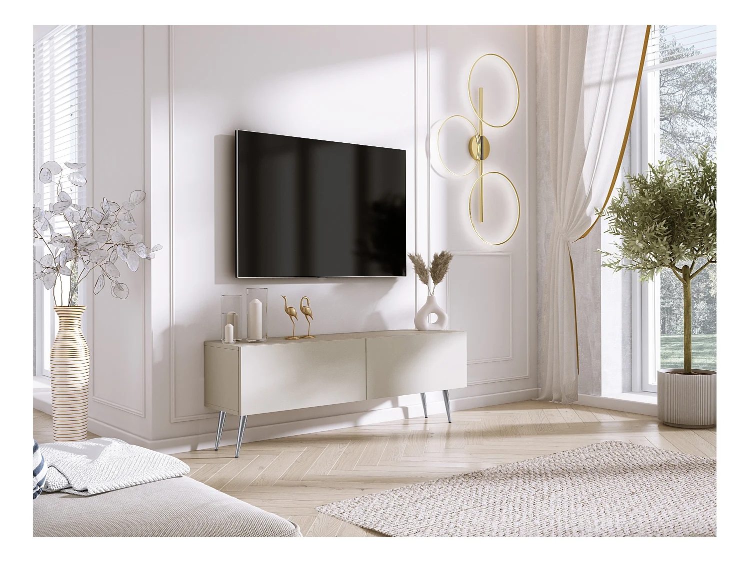 Meuble TV : Cachemire, pieds Chrome, 140 x 52 x 32 cm