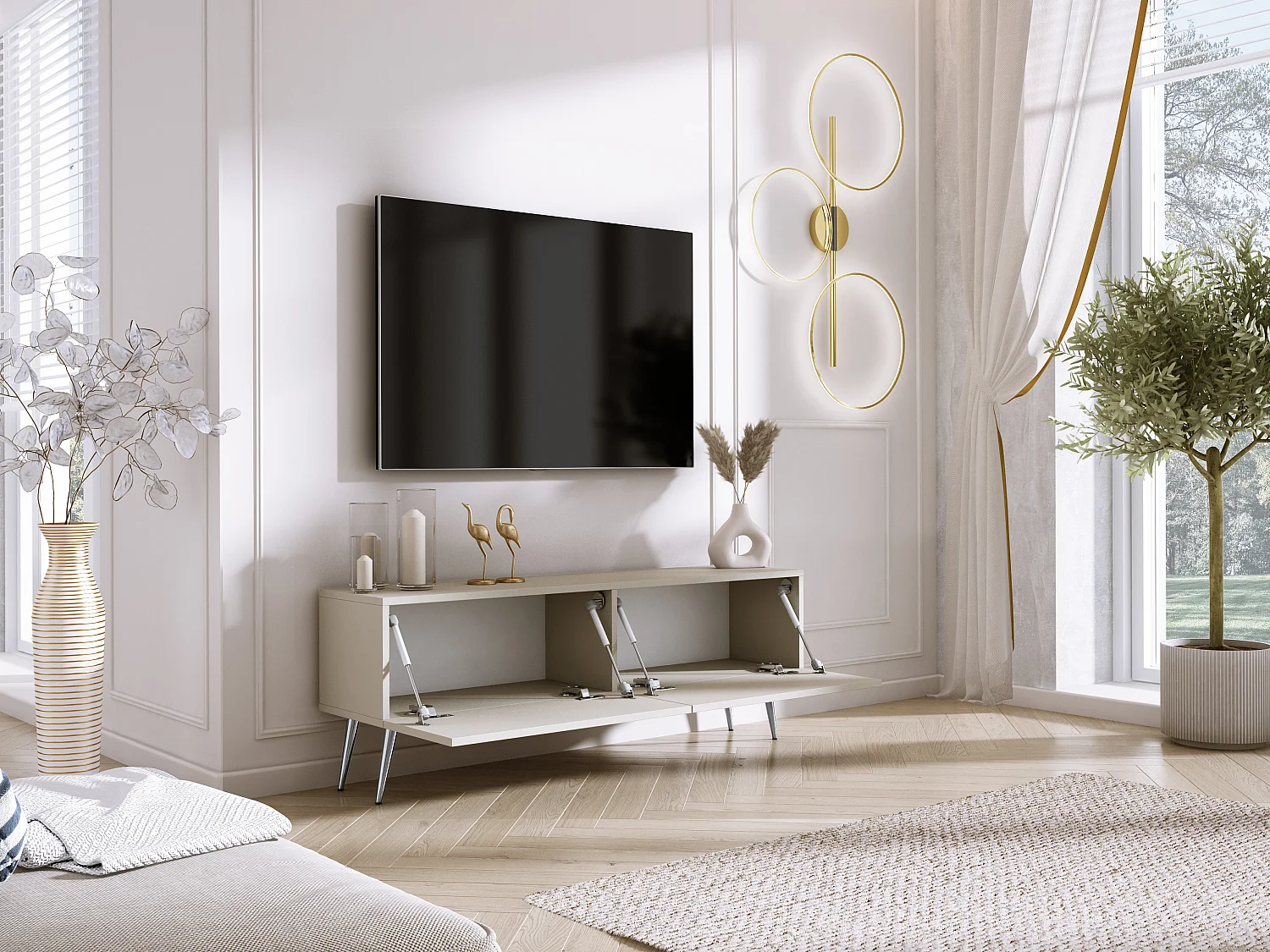 Móvel TV: Caxemira, Pernas cromadas, 140 x 52 x 32 cm