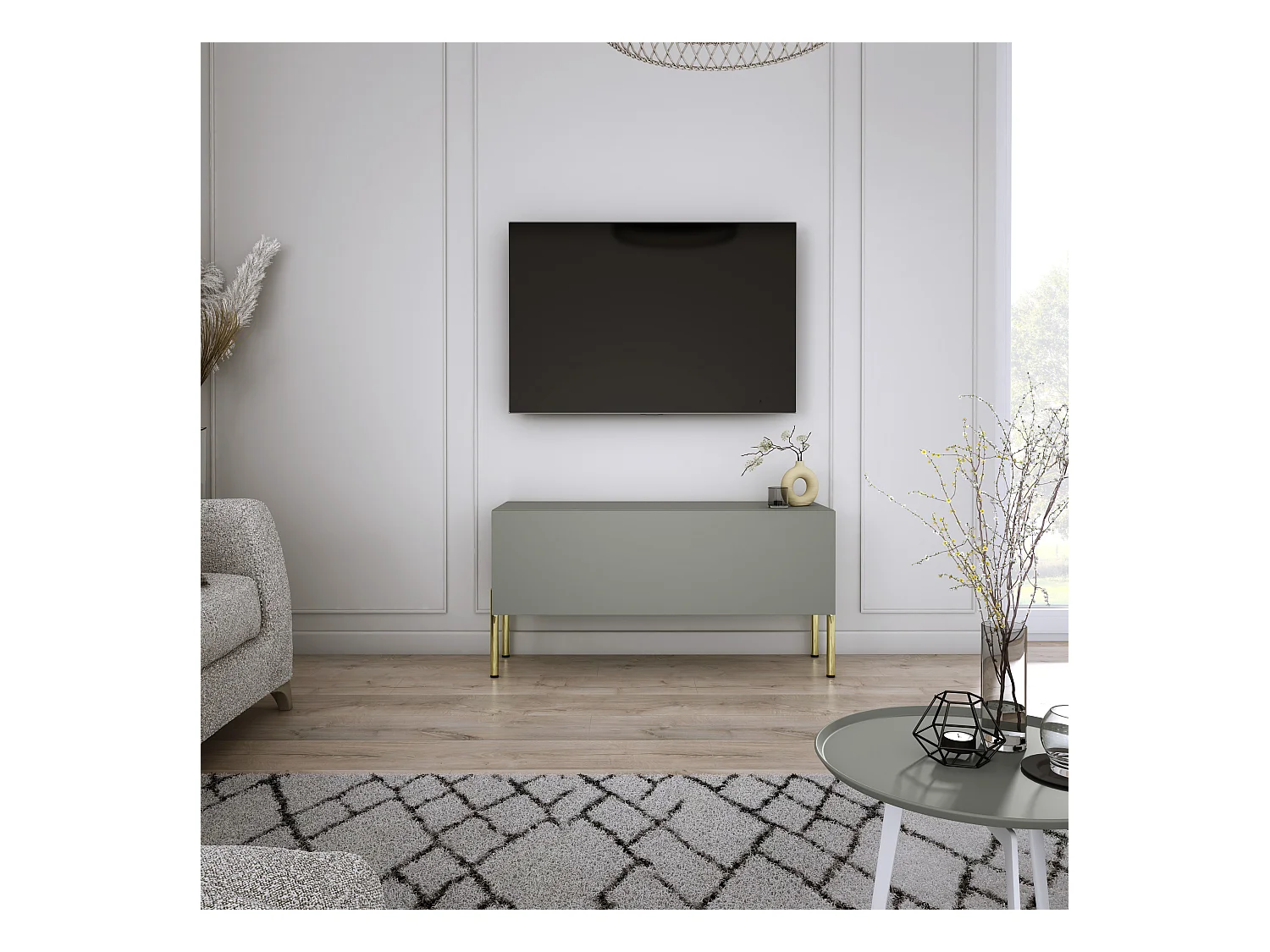 Meuble TV : Aloès, 100 x 52 x 32 cm, pieds dorées