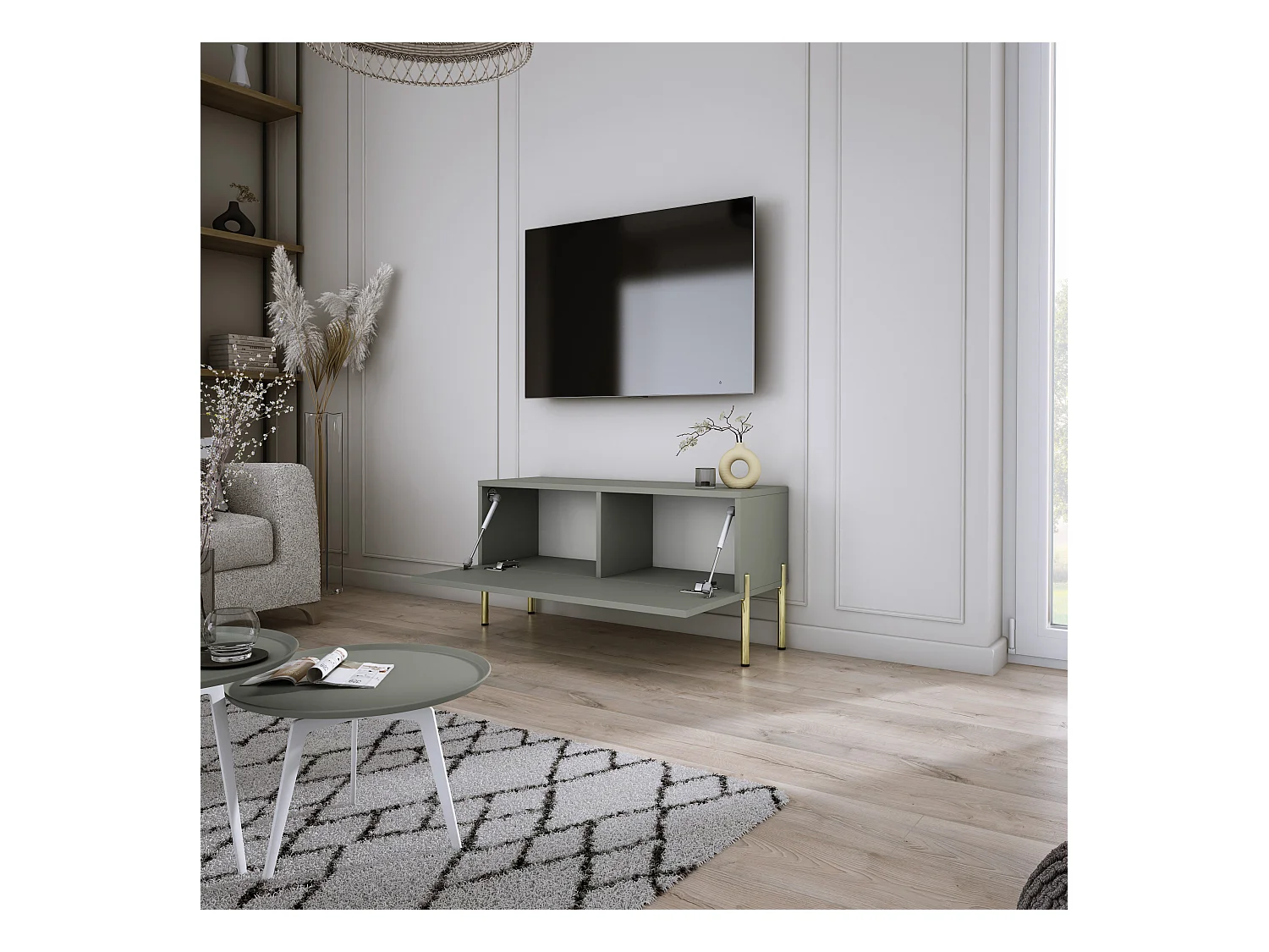 Meuble TV : Aloès, 100 x 52 x 32 cm, pieds dorées