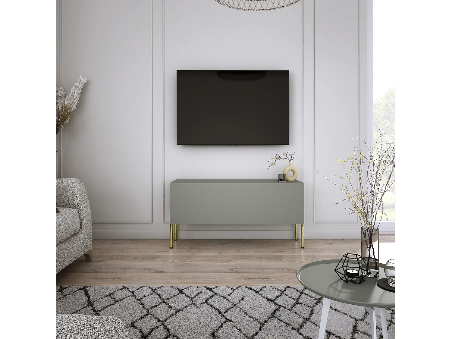 Meuble TV : Aloès, 100 x 52 x 32 cm, pieds dorées