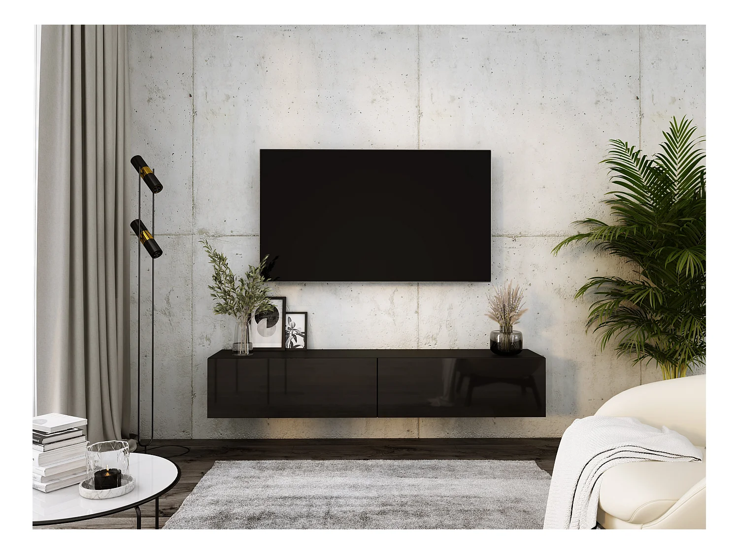 Meuble TV Suspendu, 170 x 34 x 32 cm, Noir Mat / Noir Brillant