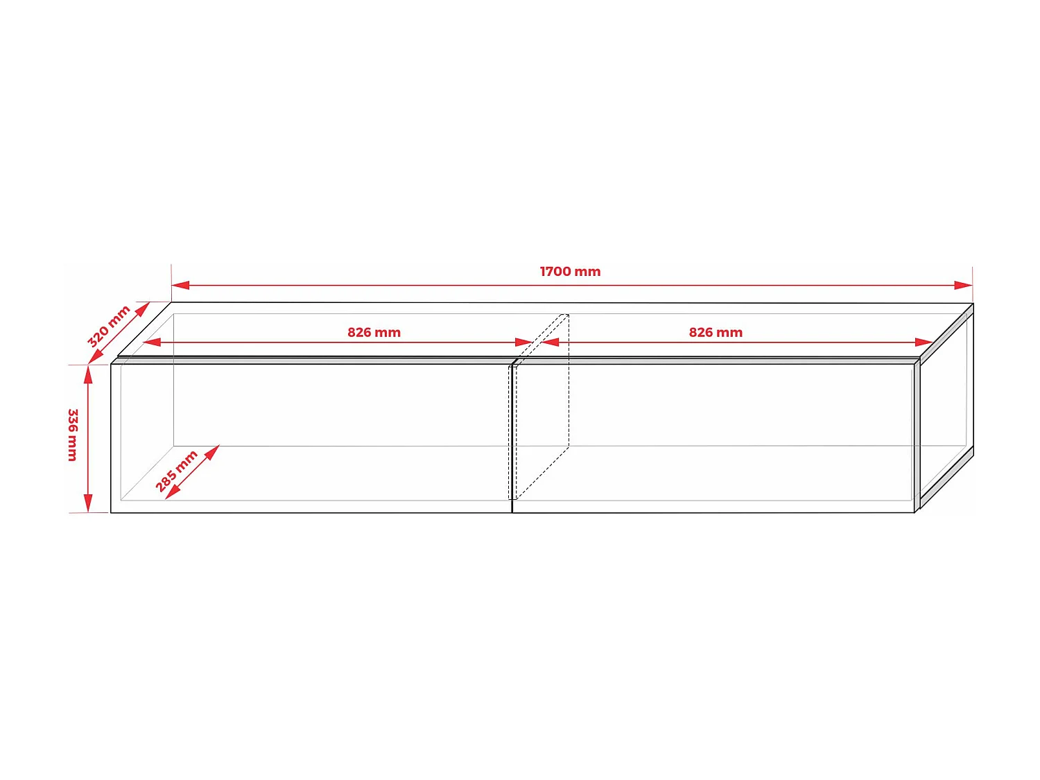 Hängendes TV-Gerät, 170 x 34 x 32 cm, Mattschwarz / Hochglanzschwarz