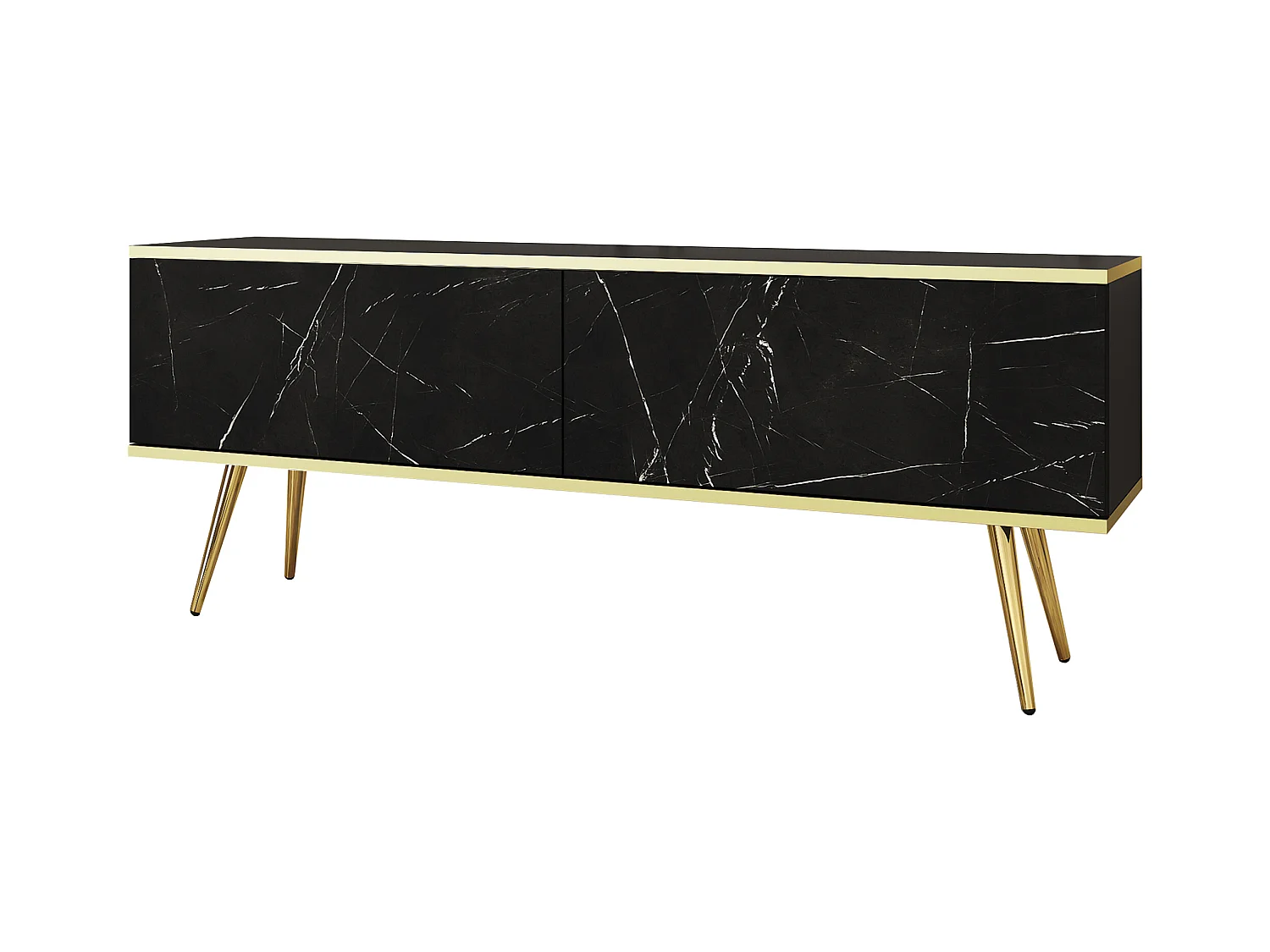 Meuble TV, Noir, pieds Or, 135 x 30 x 52 cm, Push to Open