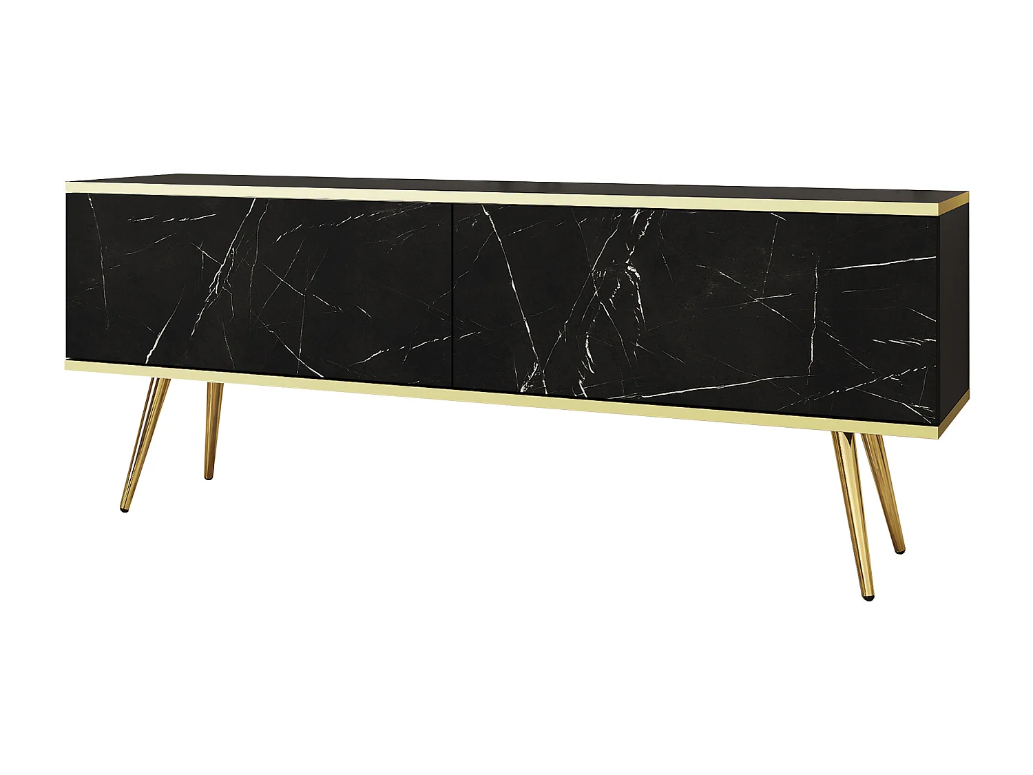 Meuble TV, Noir, pieds Or, 135 x 30 x 52 cm, Push to Open