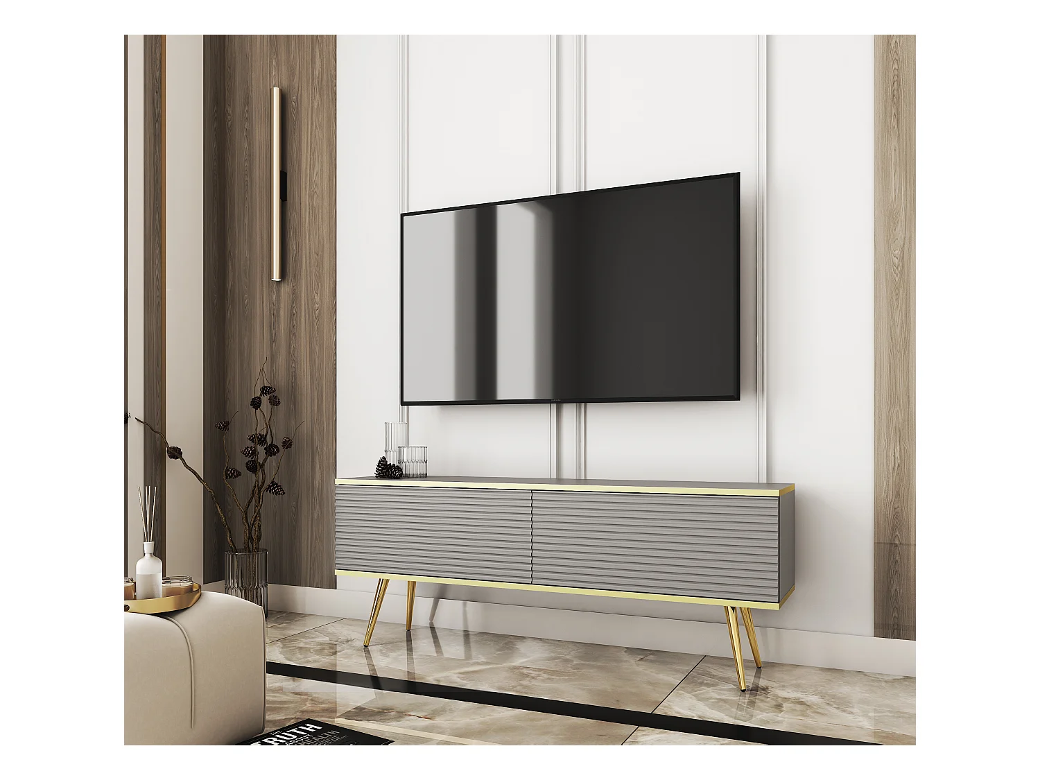 TV-Einheit mit grauen Lamellen, goldenen Füßen, 135 x 30 x 52 cm, Push-to-Open