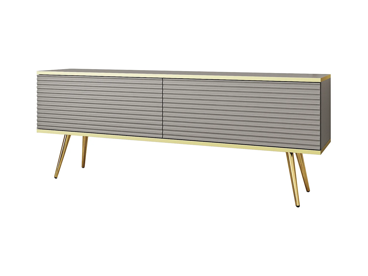 TV-Einheit mit grauen Lamellen, goldenen Füßen, 135 x 30 x 52 cm, Push-to-Open