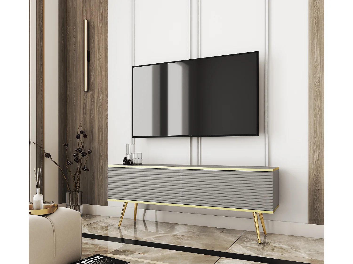 Mobile TV con doghe grigie, piedini dorati, 135 x 30 x 52 cm, apertura a pressione