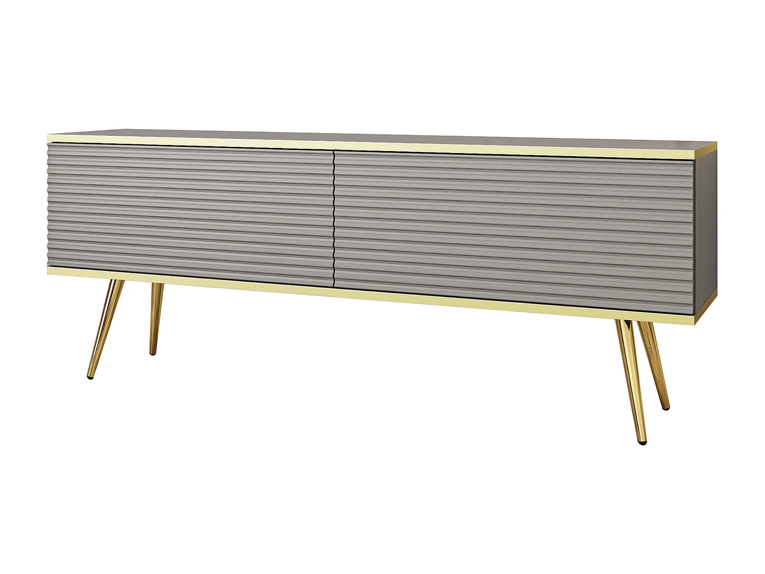 Mobile TV con doghe grigie, piedini dorati, 135 x 30 x 52 cm, apertura a pressione