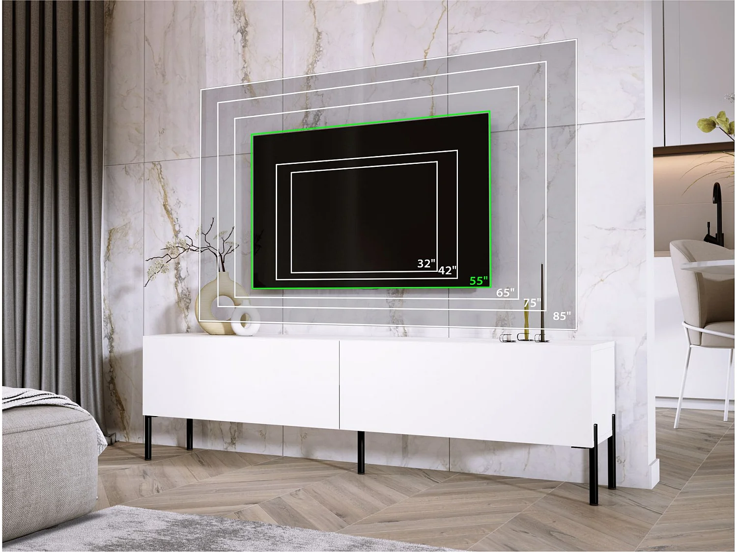 Meuble TV : Blanc Mat, pieds noires, 170 x 52 x 32 cm