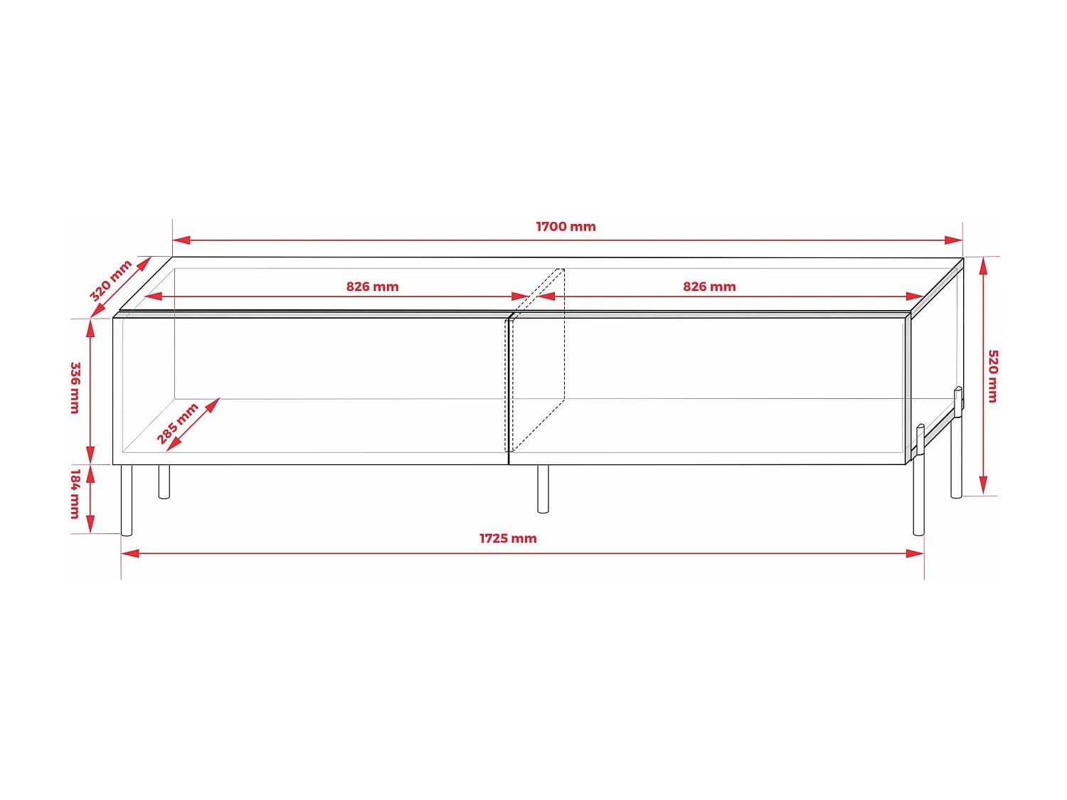 Meuble TV : Blanc Mat, pieds noires, 170 x 52 x 32 cm